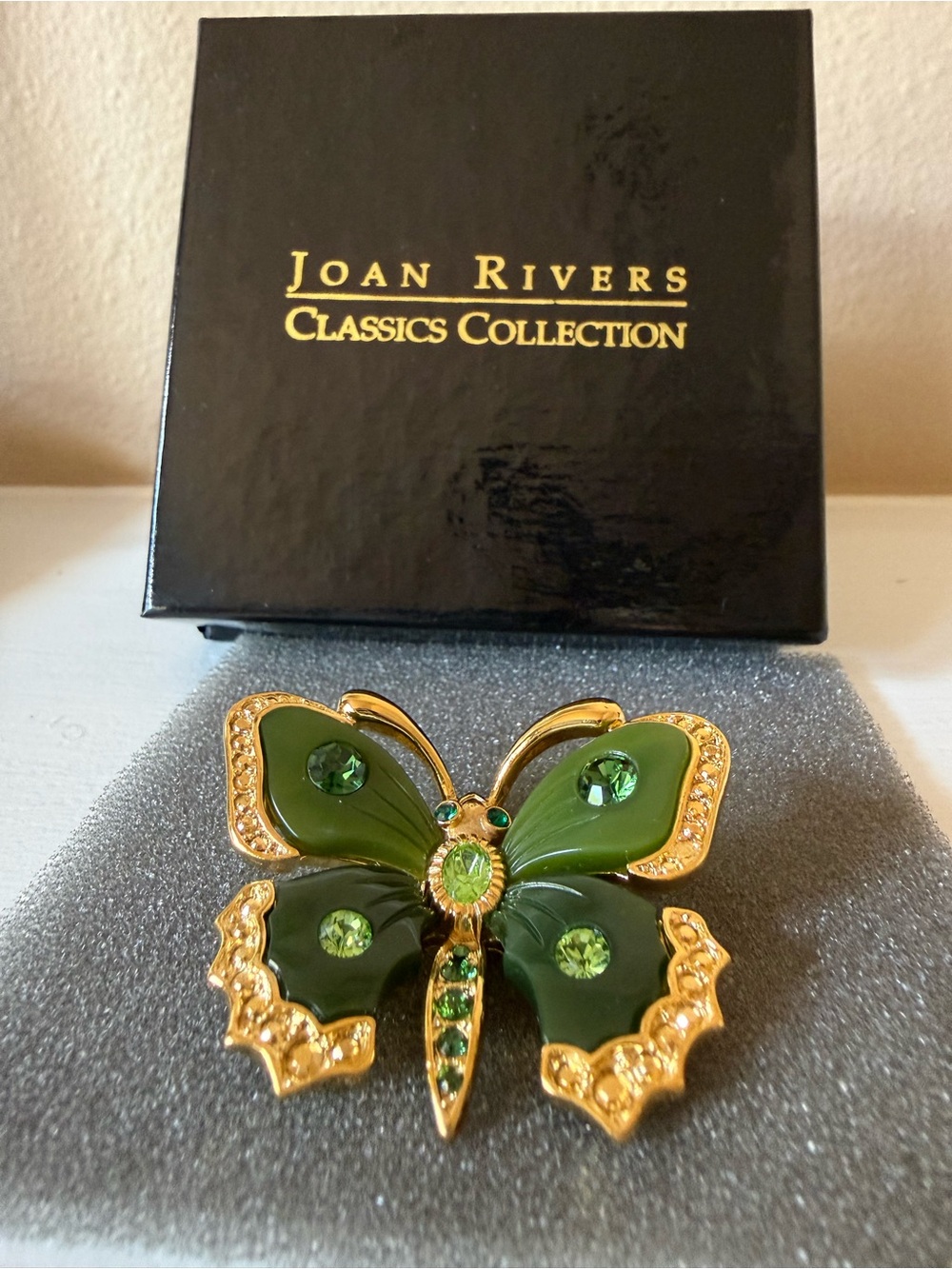 Joan Rivers Plique a Jour Gold Pin in Jade Green Stained Glass Butterfly Brooch